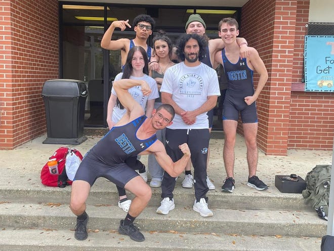 Members of the Destin High weightlifting team are bottom row, Nicolai Kasch. Second row from left, manager Maleya Sanson and Coach Jonathan Ramos. Third row is Elena Nava, manager. Back row from left are Anthony Couvertier, Landon Poirier and Jackson Cox.