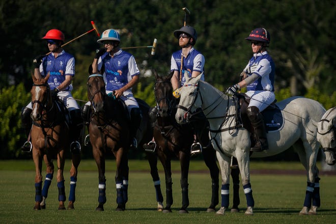Left to right: Sentebale/Royal Salute players Malcolm Borwick, Adolfo Cambiaso, Duke of Sussex Prince Harry and Dana Barnes are introduced at Grand Champions Polo in Wellington, Fla., on April 12, 2024.