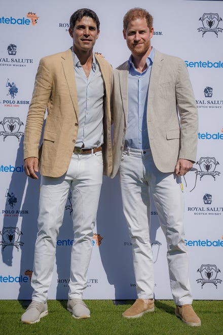 Nacho Figueras and Prince Harry, Duke of Sussex, arrive at Grand Champions Polo in Wellington, Fla., on April 12, 2024. Figures and Prince Harry will play in the evening match.