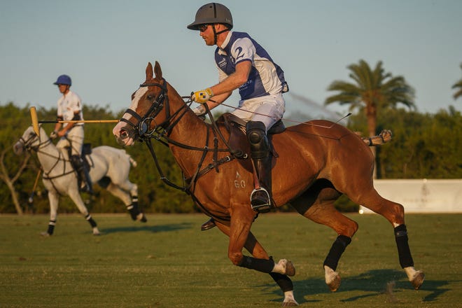 Prince Harry, Duke of Sussex scores a goal during polo play at Grand Champions Polo in Wellington, Fla., on April 12, 2024.