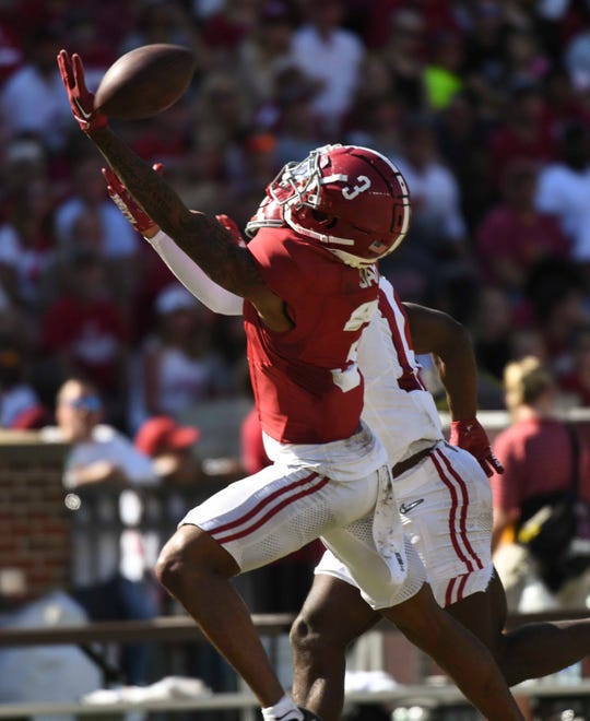 Apr 13, 2024; Tuscaloosa, AL, USA; Alabama defensive back Keon Sabb (3) breaks up a pass during the A-Day scrimmage at Bryant-Denny Stadium. Mandatory Credit: Gary Cosby Jr.-USA TODAY Sports
