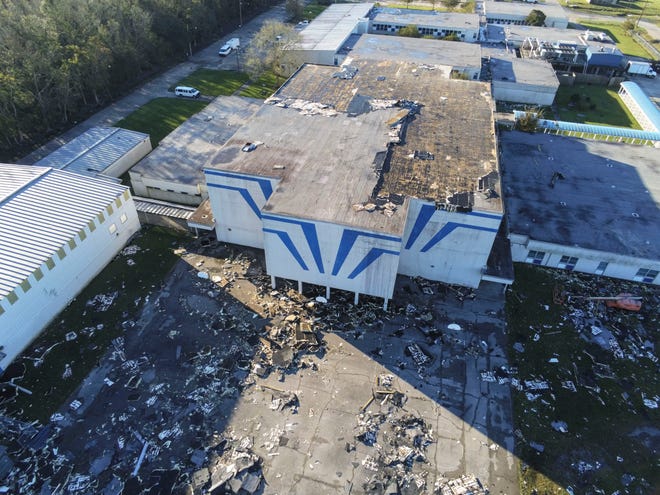 Drone photo of the damage to St Bernard Middle School after Hurricane Zeta on October 29, 2020, in St Bernard, Louisiana. A record seven hurricanes have hit the gulf coast in 2020 bringing prolonged destruction to the area.