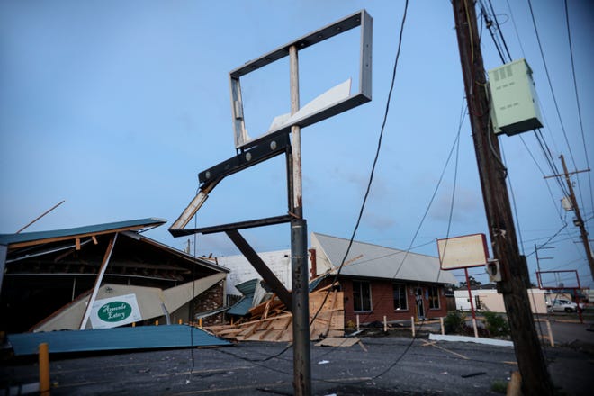 Property damage after Hurricane Zeta on October 29, 2020, in Chalmette, Louisiana. A record seven hurricanes have hit the gulf coast in 2020 bringing prolonged destruction to the area.