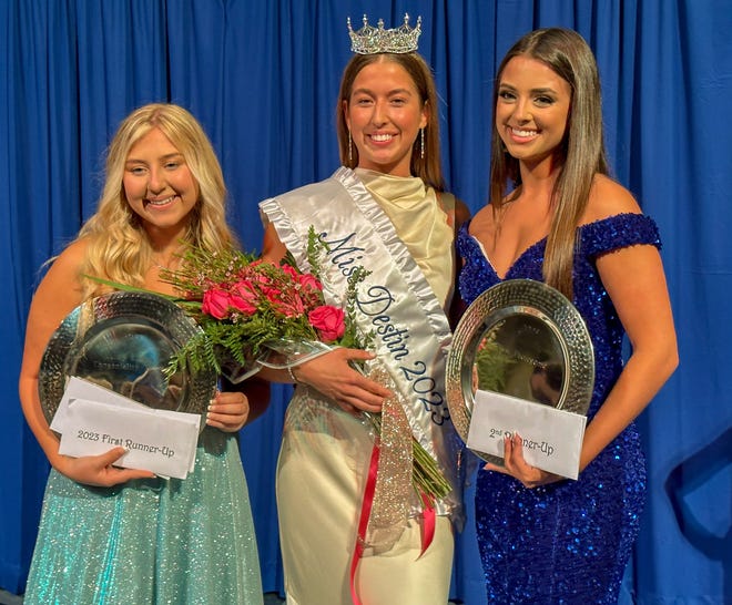 Eight girls participated in the Miss Destin Pageant. Winners are from left, Caroline Pitchlynn, first runner-up; Carrington Phillips, Miss Destin 2023; and Kasidy Braden, second runner-up.