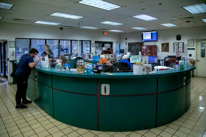The front desk inside the Palm Beach County Animal Care and Control shelter May 22, 2023. For most of the past year, the shelter has been caring for nearly double the number of pets it was built for.